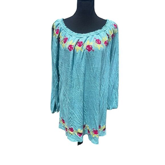 Soft Surroundings 1XL Blouse dream trip embroidered Smocked Greenish blue top - Picture 2 of 8